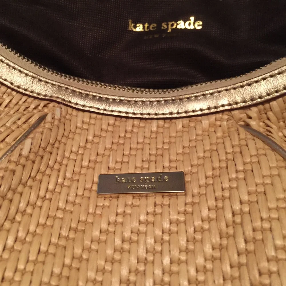 Kate Spade Natural Straw Woven Bag with Brown Leather Trim and Gold Accents